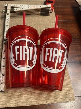 2  Red FIAT Logo Double Tumbler Set with Red Lids & Straws